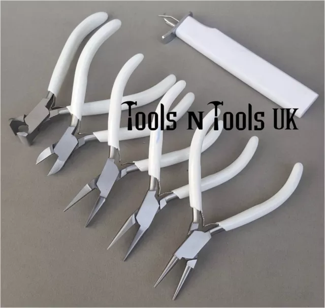 White 4-1/2" Pliers & Knotting Tool 6 Pcs Set/ Kit Jewellery Wire Beads In Pouch