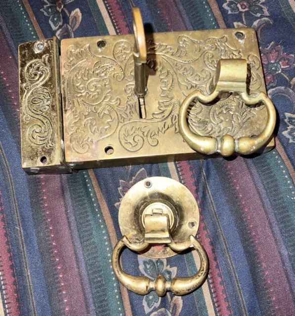 VIctorian Brass  dead Bolt Door lock with Skeleton key 1900s Only Dead Bolt