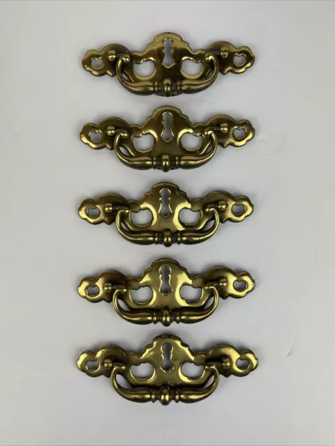 5-Vintage Brass Chippendale keyhole Hardware Drawer Pull 4"1/4 Center Keeler USA