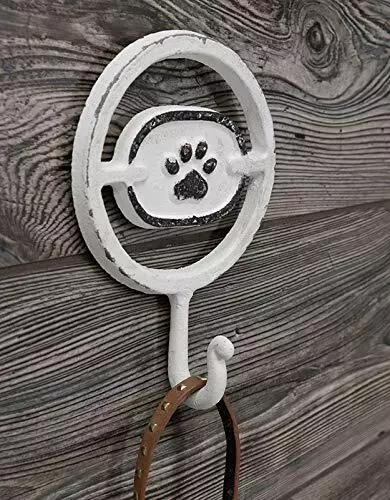 NEW White Cast Iron Dog Leash Hook w/Paw Print