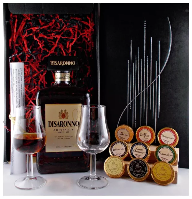 Disaronno Originale Amaretto Mandellikör + 9 Edelschokoladen + 2 Gläser Geschenk