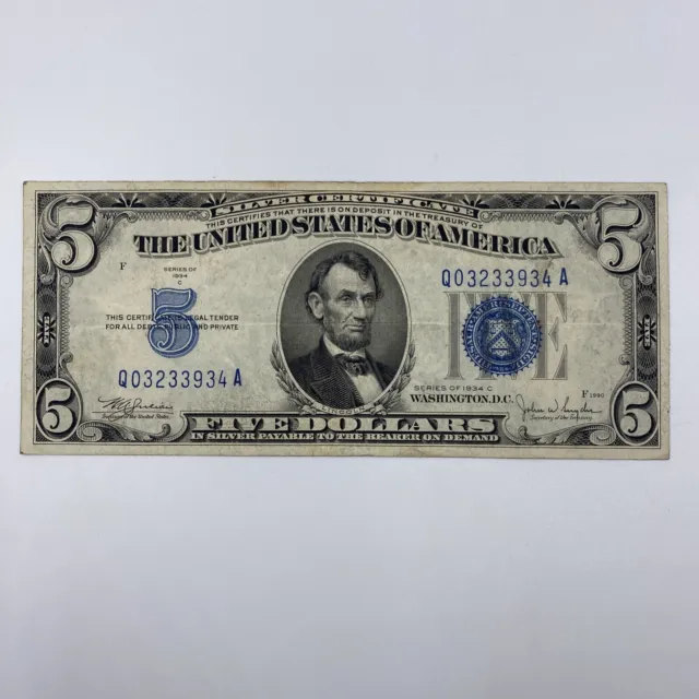 1934 C $5 Silver Certificate Note Blue Seal VF+