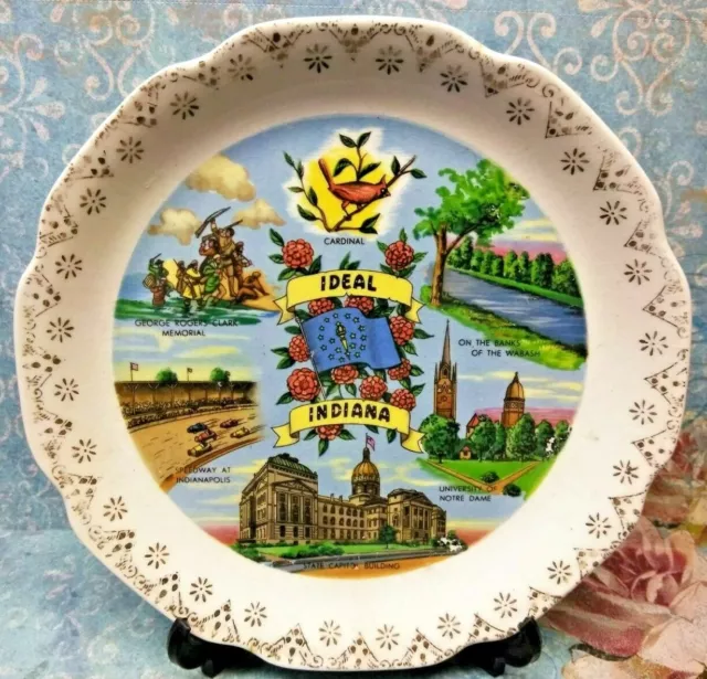 INDIANA 7" Souvenir STATE PLATE WABASH NOTRE DAME CAPITOL SPEEDWAY GOLD ACCENT