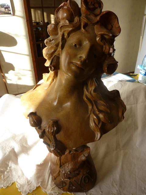 Superbe buste ancien 1900 en terre/plâtre? signé Pavot