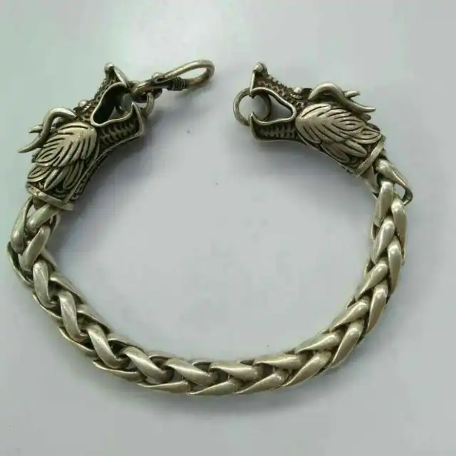 Exquisite Old Chinese Tibet Silver handCarved dragon head Bracelet 6159
