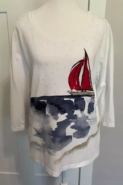 CHICOS Weekend Womens Knit TOP 3/4 Sleeve WHITE Blue Red SAILBOAT Size 2 (L/12)