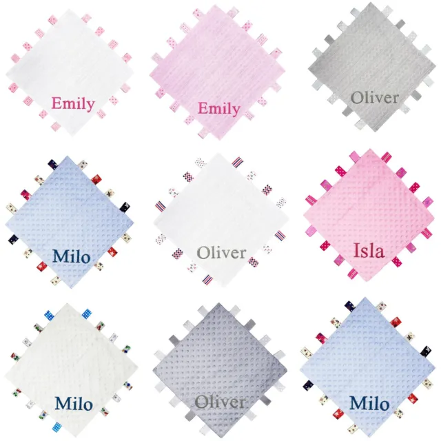 Personalised Baby Taggy Blanket Comforter Knitted Taggie Embroidered Name