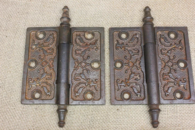 2 Old Door Hinges Antique Steeple Top Clean Vintage Iron 3 1/2 X 3 1/2” Heart