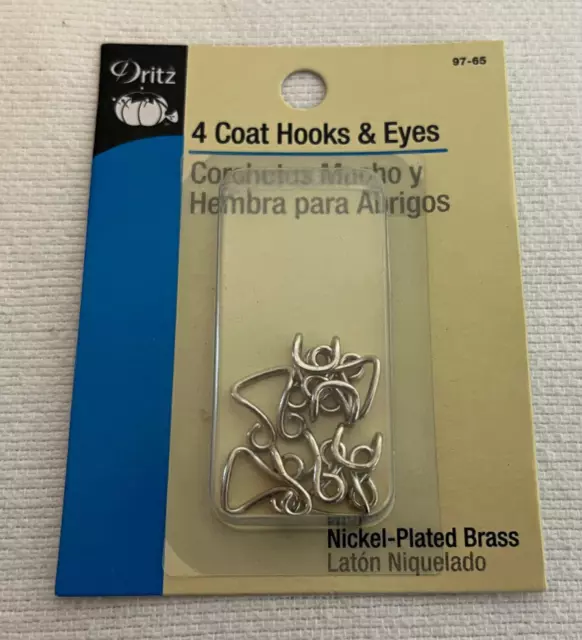 Dritz Package of 4 Coat Hook & Eyes Nickel Plated Brass Sewing Crafts New NIP