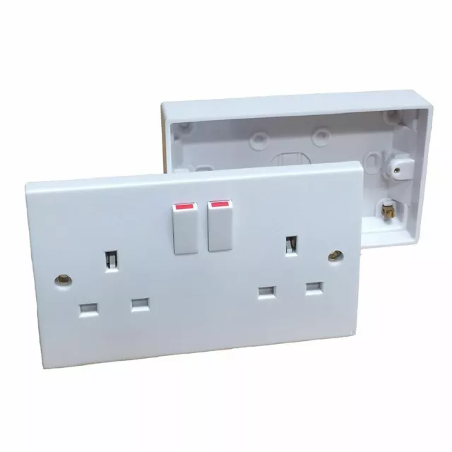 White 2 Gang Twin Double Switched Wall Socket + 25mm Surface Pattress Back Box