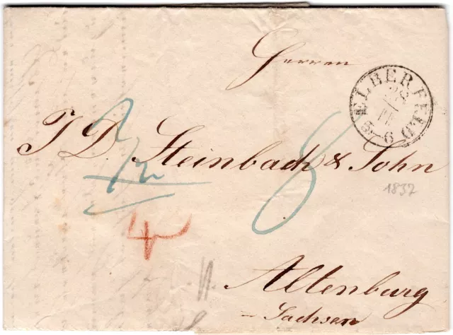 Sachsen Vorphilatelie Brief von Elberfeld nach Altenburg (L2 Stempel) 1837