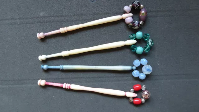 4 Lace Bobbins, Made From Dyed Bone.  Spangled