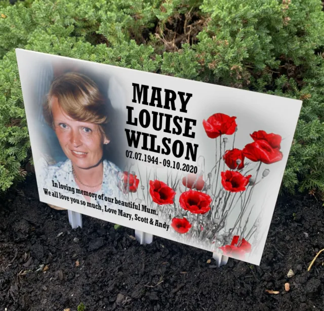 Personalised grave marker, Photo plaque & stake, Poppy design, In loving memory.