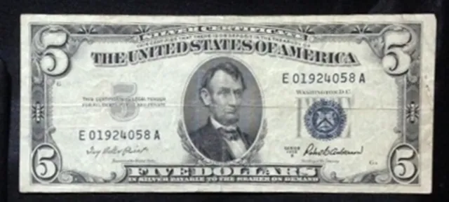 1953 Silver Certificate $5 Circulated,  Blue Seal, Series A