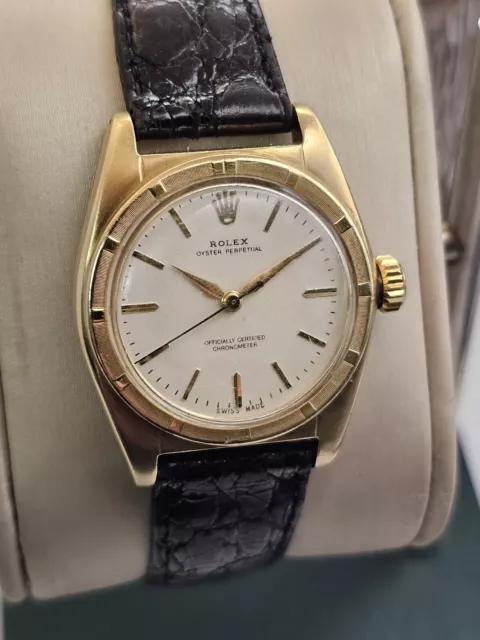 1950 ROLEX Vintage Mens Oyster Perpetual 18k Solid Gold Bubbleback Watch