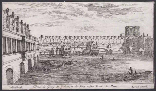 Paris Quai De Gesvres Notre-Dame Israël Silvestre Eau-Forte Gravure sur Cuivre