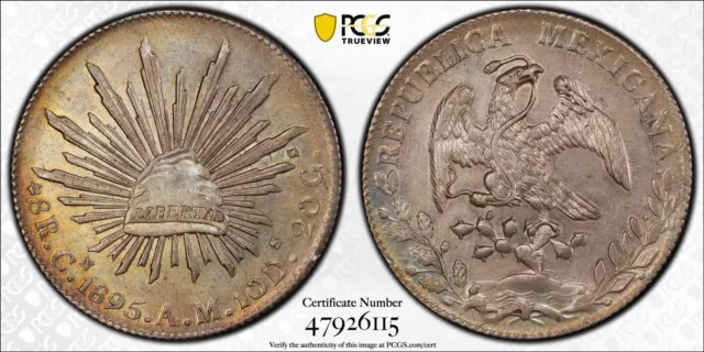 1895 Cn AM Mexico 8 Reales Silver Coin PCGS AU Cleaned Under Graded Color Toned