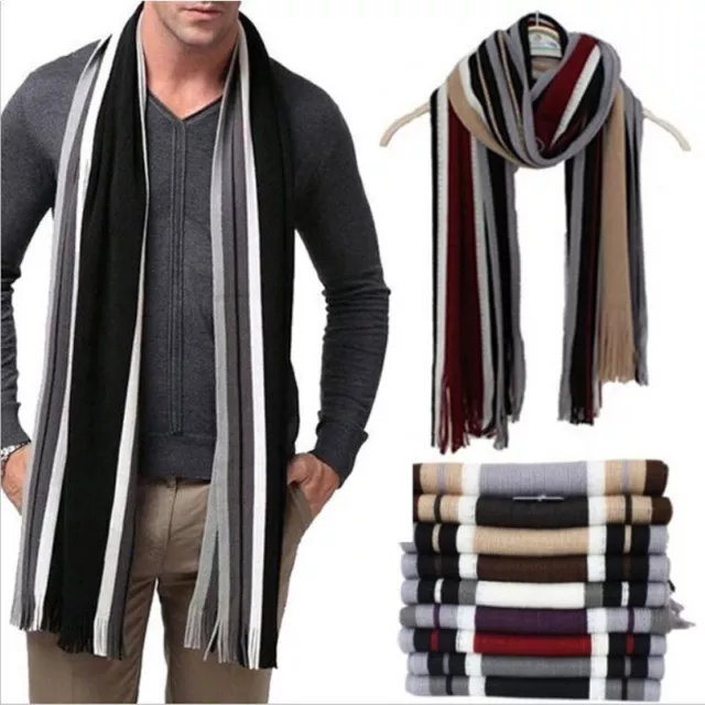 Winter Mens Classic Cashmere Shawl Scarves Fringe Striped Tassel Wrap Long Scarf