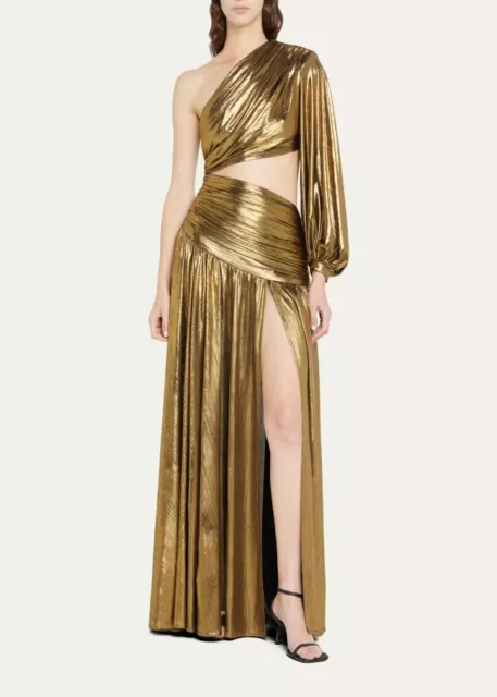 $1150 BRONX & BANCO "Jafari" one shoulder cutout gown maxi dress gold lame' sz M