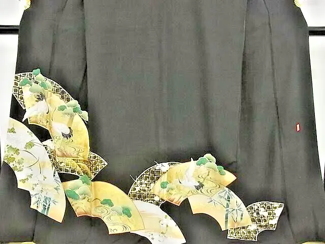 Japanese kimono for ceremony/TOMESODE/Vintage /Black/Crane /Hanger&case/10156