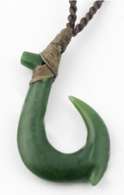 Genuine Natural Green Nephrite Jade Fish Hook Pendant Necklace 3581