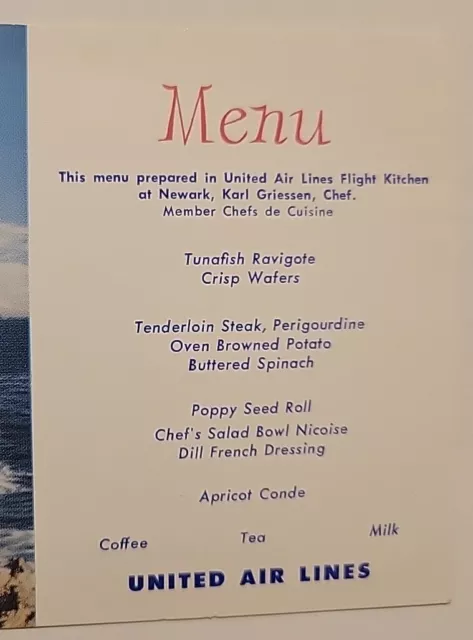 VTG Advertising Postcard United Air Lines Menu Flyfishing Kitchen at Newark Z1 2