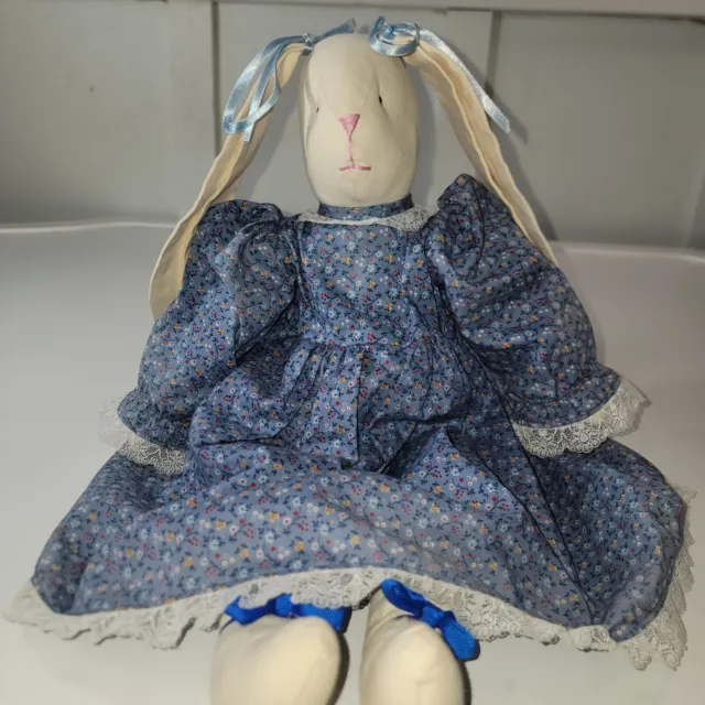 Vintage Bunny Rabbit Handmade Floppy Ear Rag Doll Blue Cottage Aesthetic Dress