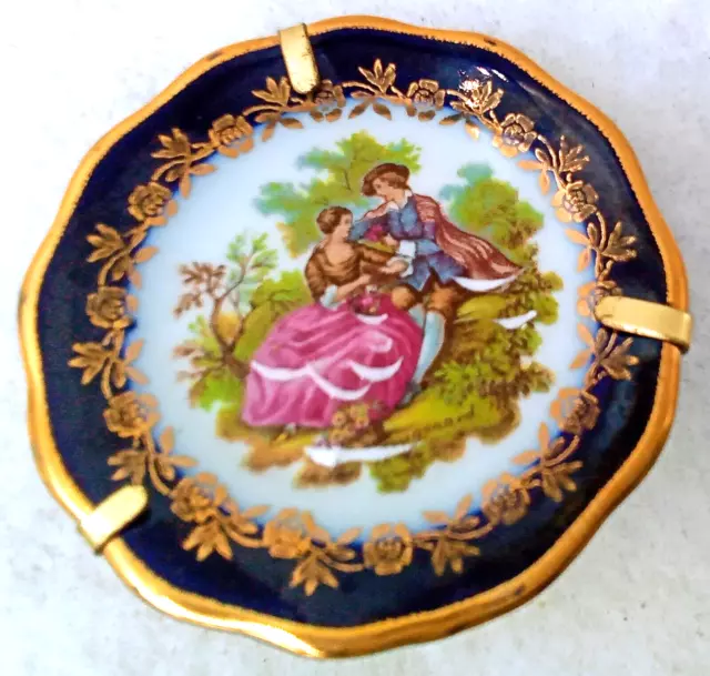Courting Couple Miniature Plate Limoges France Gold Holder Floral Blue Vintage