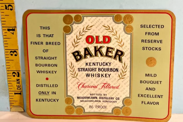 1950's Old Baker Kentucky Bourbon Whiskey Bottle Label-Meadow Distributing Co.