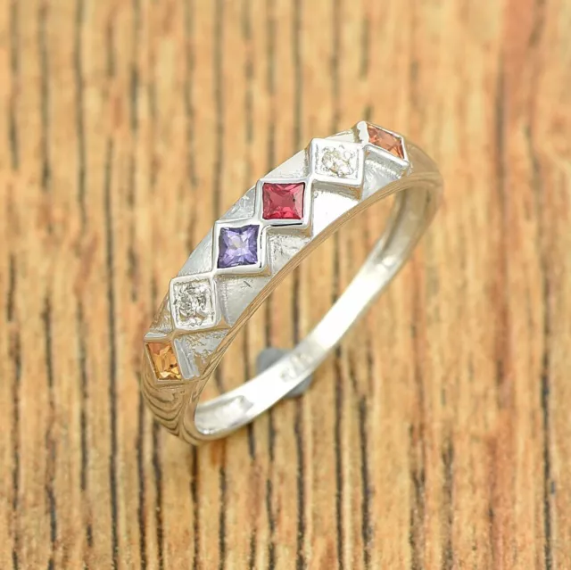 925 Sterling Silver Natural Multi Sapphire Square Cut Gemstone Ring Jewelry 3