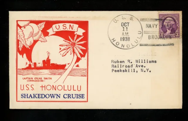US Naval Ship Cover USS Honolulu CL-48 Pre WWII 1938 Brooklyn NY Shakedown Cruse