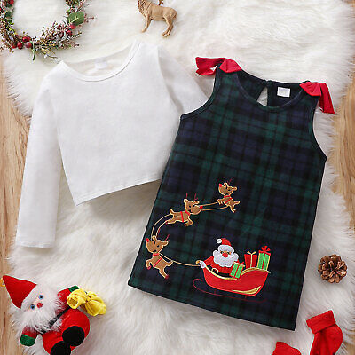 Toddler Christmas Girls Dress Sets Solid Color Pullover Pattern Plaid Skirt