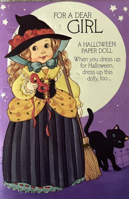 Unused Vintage Halloween Witch Black Cat Broom Paper Doll Greeting Card