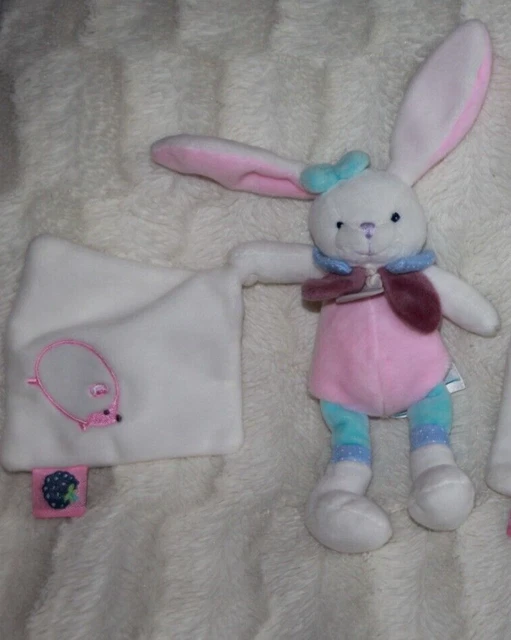 Doudou Babynat Lapin Berry Rose Bleu Mouchoir Blanc Herisson