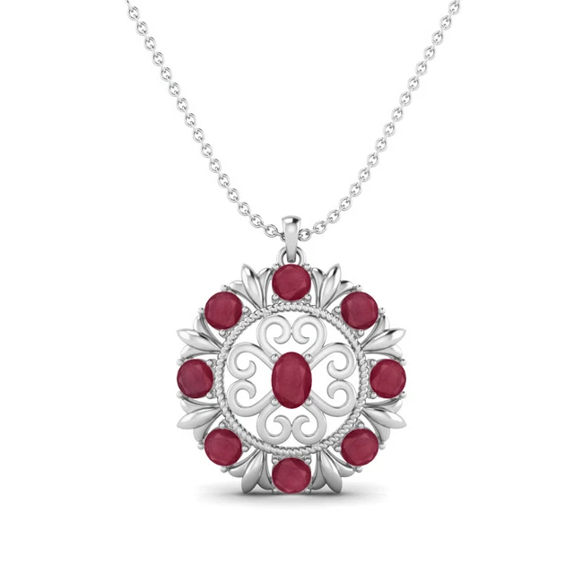 Rubin Glas Gefüllt Kunst Deko Filigraner Design Damen Kette 925 Sterlingsilber