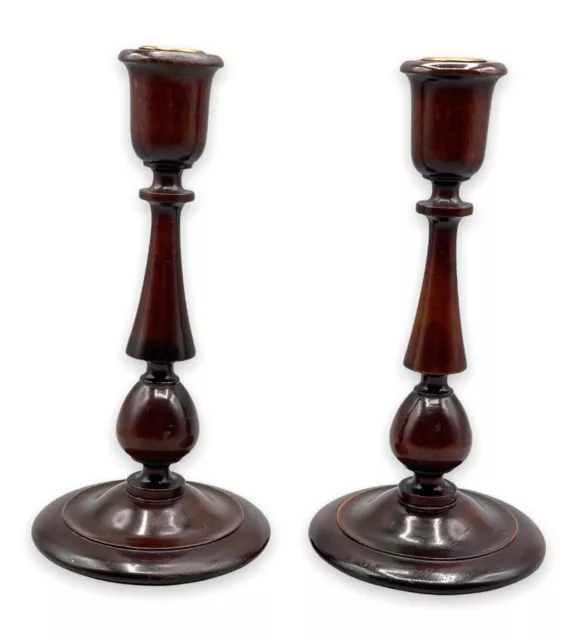 Antique Pair Dark Wood CANDLESTICKS Hand Turned Taper Candles 9” Tall Felted MCM