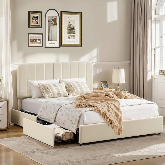 DOUBLE SIZE BED Frame with 4 Storage Drawers, 4ft6 Upholstered Velvet ...