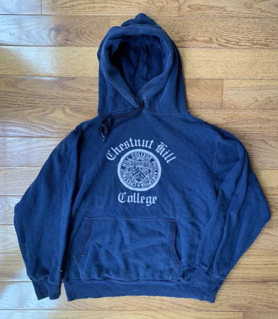 Vintage 60’s Chestnut Hill College Hoodie Sweatshirt Navy Blue Small