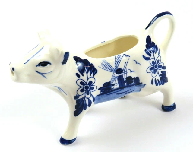 Vintage Delft Blue Style Floral Windmill Ceramic Cow Creamer Pitcher