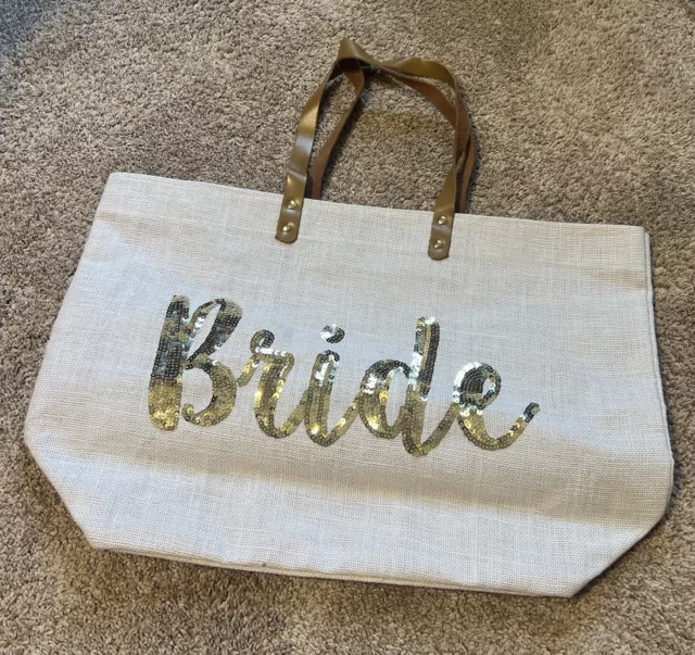 Mud Pie "Bride" Sequin Tote Bag Beach Shopping Jute Purse