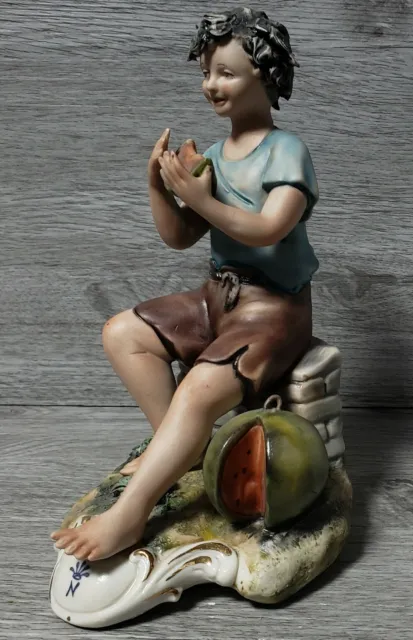 Antique Capodimonte By Franco, Young Boy Eating Watermelon Porcelain Figurine