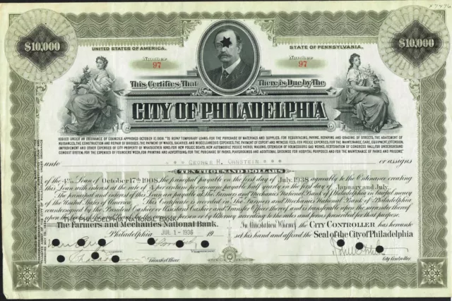 USA CITY OF PHILADELPHIA LOAN  stock certificate/bond $10,000