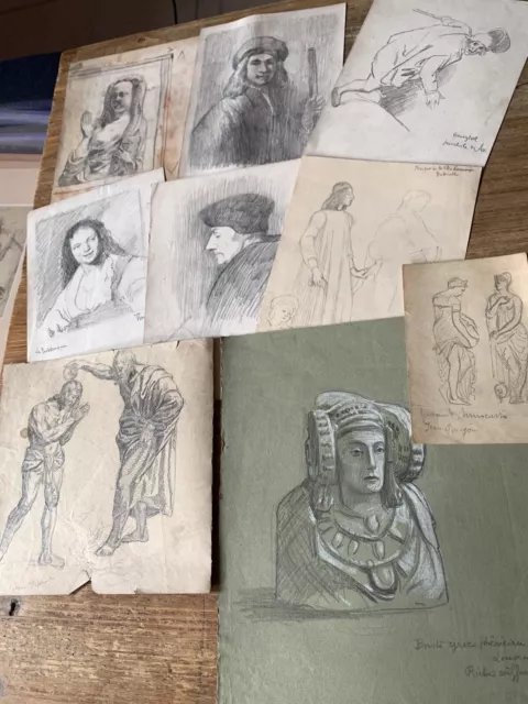 Lot De 9 Dessins Divers Crayon D’après Les Maîtres Anciens Esquisses XIXEME