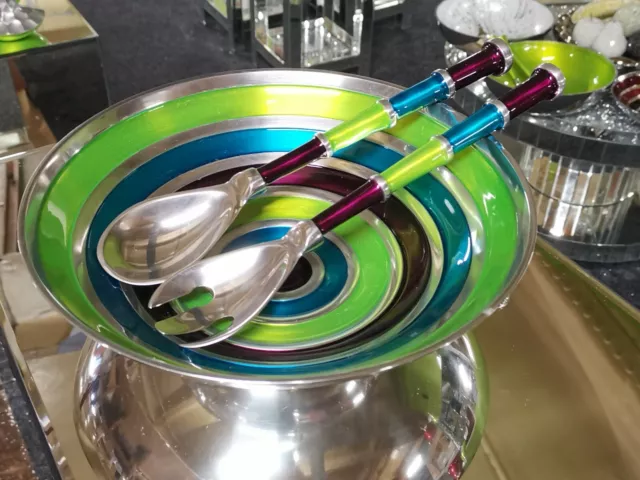 XL, Funky Aluminium Salad Bowl and Servers multicoloured hand made and fair trad