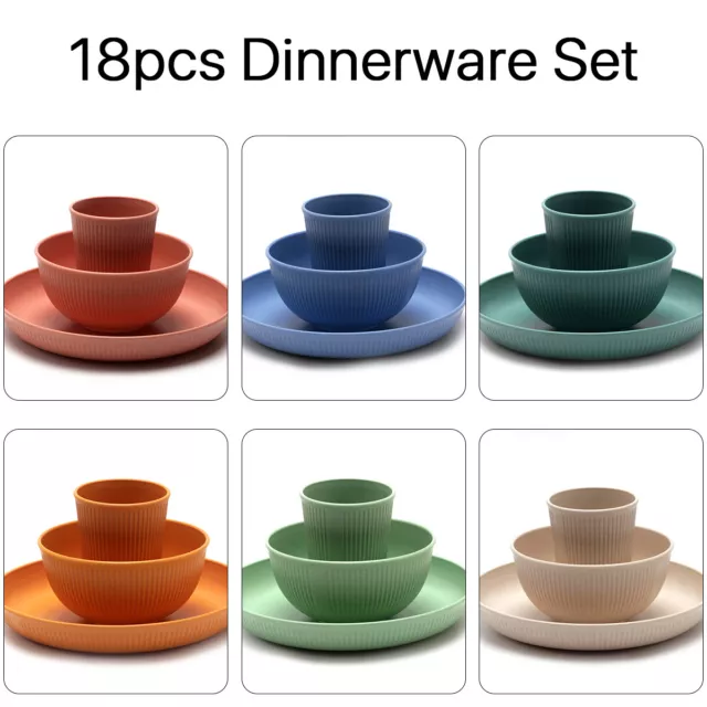 18Pcs Wheat Straw Dinnerware Sets for 6, Unbreakable Colorful Plates Bowls Cups