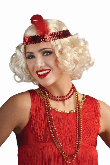 Blonde Flirty Flapper Adult Costume Wig w/Feather & Sequin H