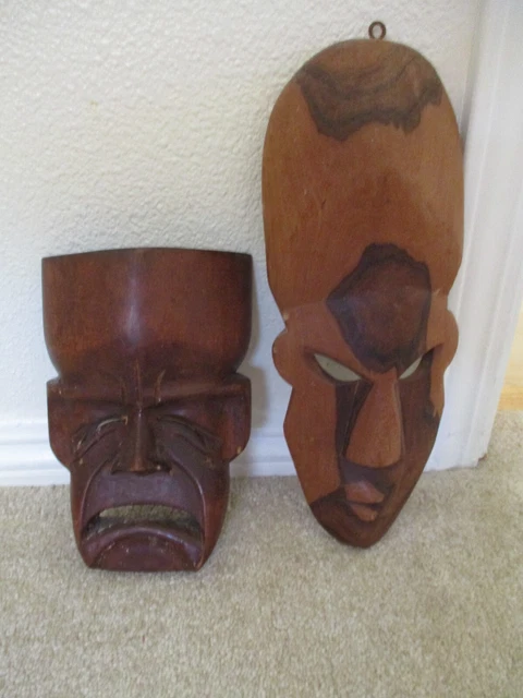 Lot of 2 VTG Polynesian Tiki Wooden Masks Wall Art Hand Carved 1-Alli Woods