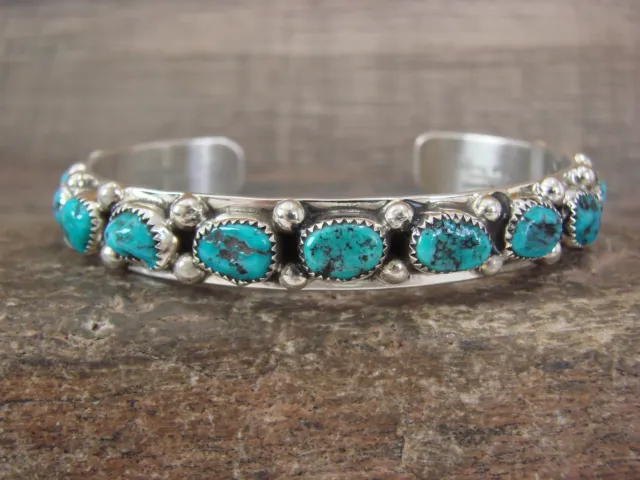 Navajo Indian Sterling Silver & Turquoise Row Bracelet Signed Begay