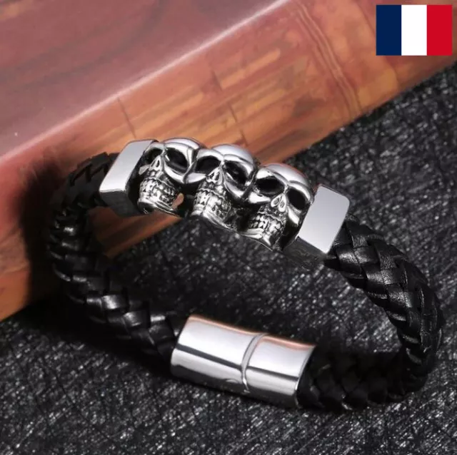 Bracelet Tête De Mort Mixte Cuir Noir Punk Biker Moto Rock Gothique Métal V2