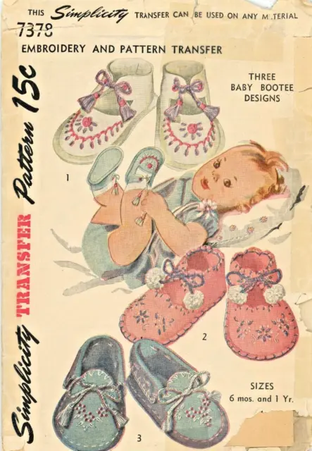 Baby Booties Vintage Simplicity 7378 Wool Embroidery Iron On Pattern Dated 1948